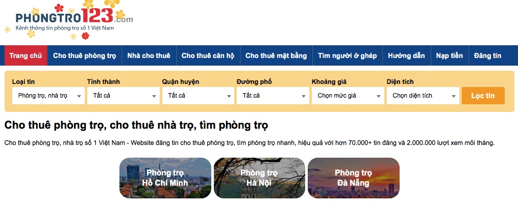 Phongtro123 là website đăng tin cho thuê phòng trọ hàng đầu